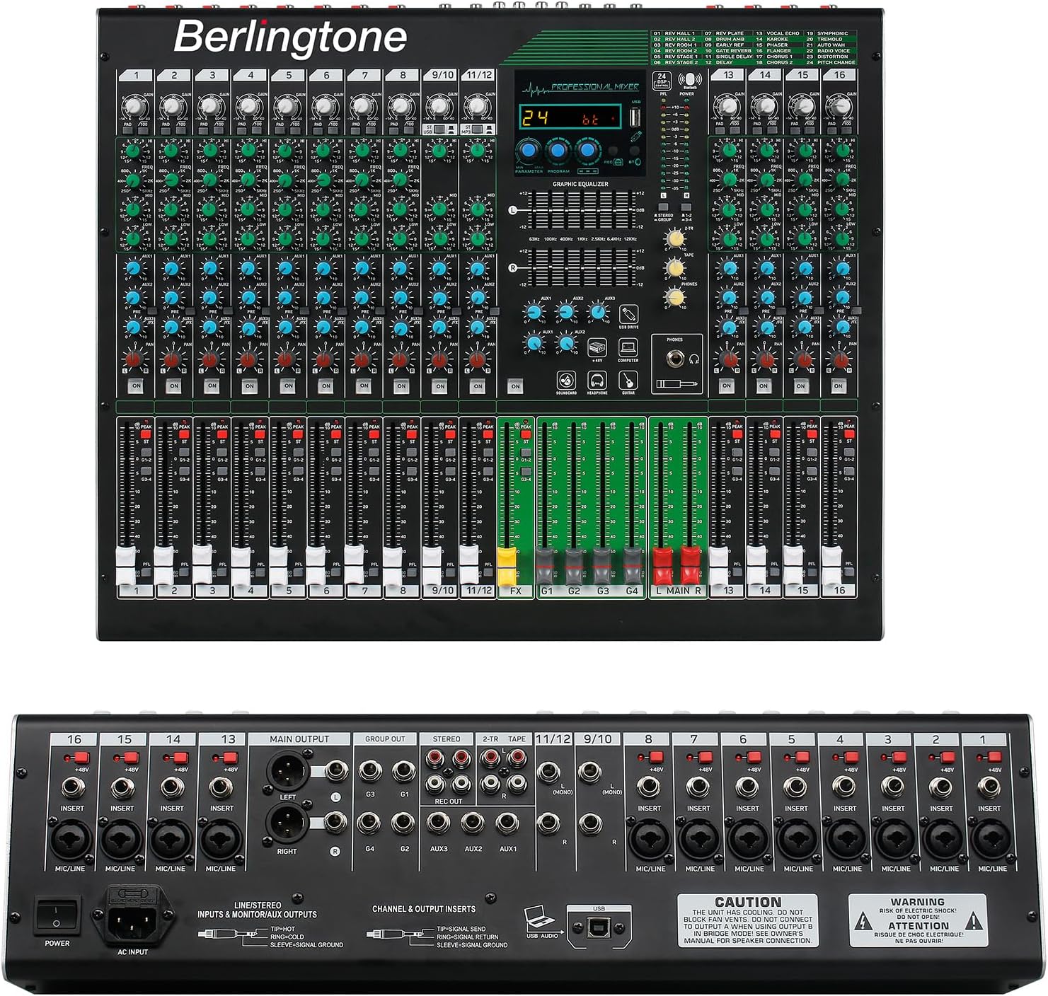 16-Channel Professional Bluetooth Audio Mixer with USB, PC Recording, 24 DSP Effects, 48V Phantom Power, 14 Mic Jack, 2 Stereo Input Soundboard,14 band EQ, RCA Input/Output (BR-216MX)