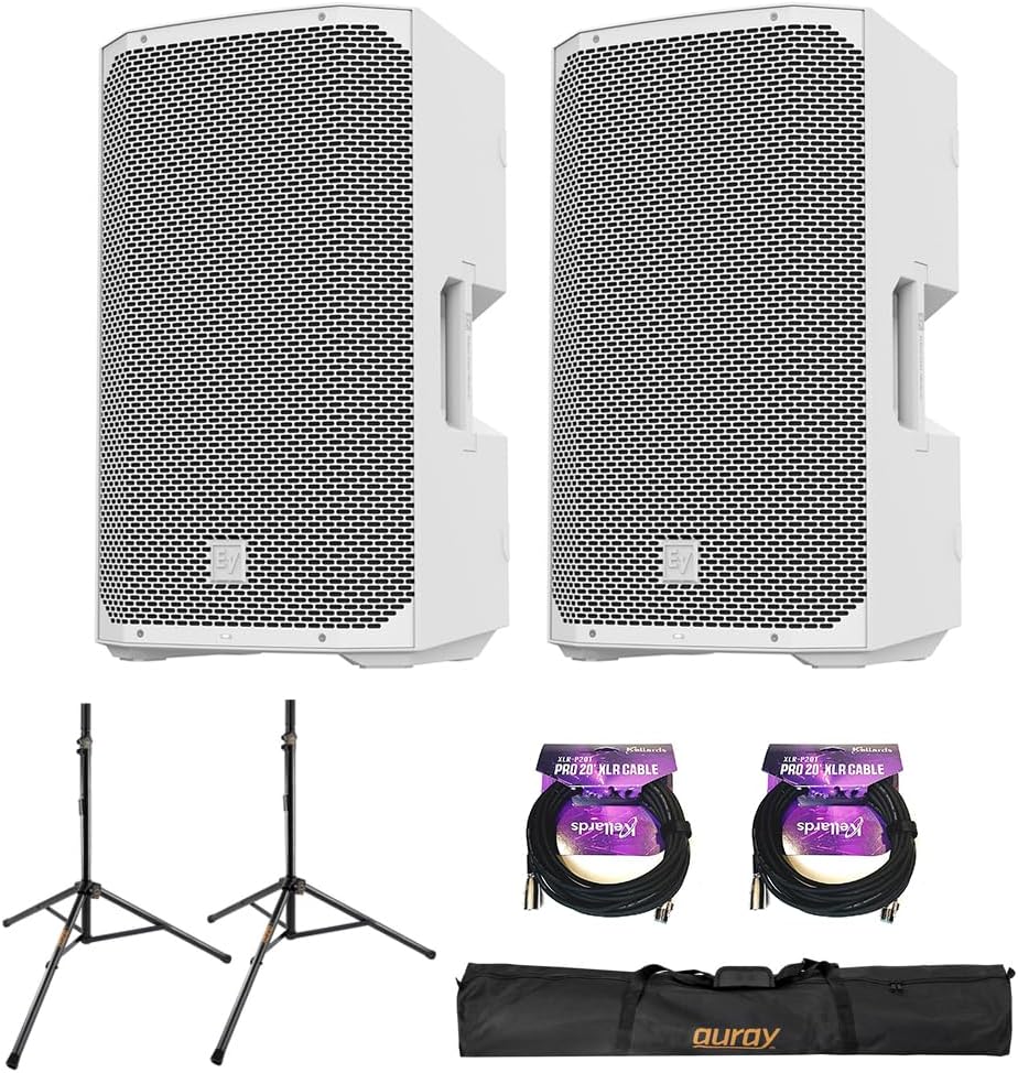 Electro-Voice EVERSE 12 Weatherized Battery-Powered Loudspeaker with Bluetooth Audio and Control White (Pair) Bundle with 2X 20' XLR Cable, SS-47S-PB Deluxe Steel Speaker Stand and Carrying Case