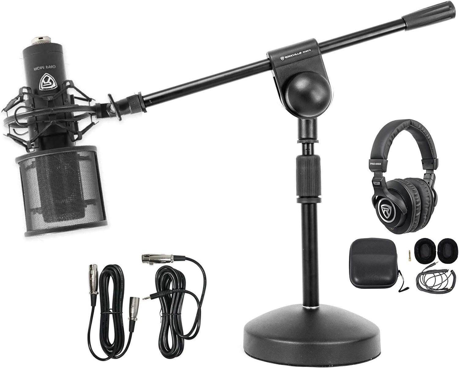 Rockville RCM PRO Bundle: Studio Condenser Microphone, PRO-M50 Studio Headphones with Case and Earpad, RDMS70 Desktop Mic Stand with Boom Arm Base, for PC Gaming, Twitch Streaming, Podcasting, 3-items