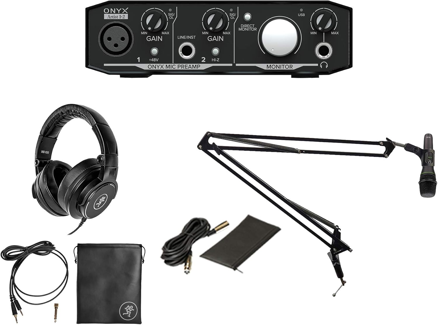 Audiosavings Bundle: Onyx Artist 1.2 2x2 USB Audio Interface Bundle with Vocal/Recording Mic w/Cable+Clip, MC-150 Studio Headphones + Boom Arm Mic Stand w/Desk Clamp (4 Items)