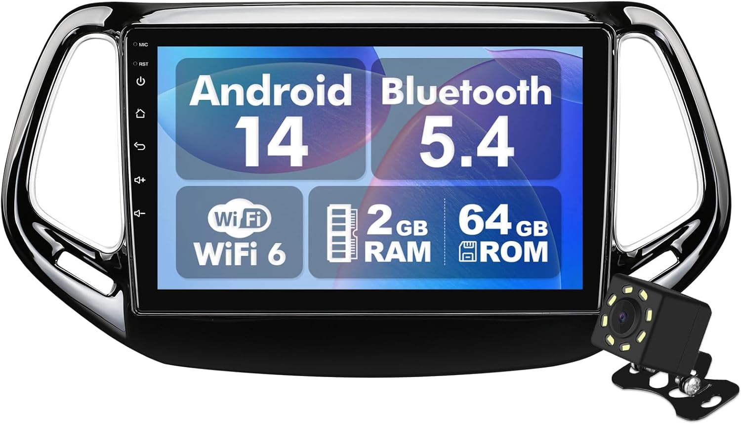 Android 14 Car Radio for 2+64G Jeep Compass/Patriot 2017-2019 10.1'' 1280 * 720 Touchscreen Car Stereo with Carplay Android Auto Backup Camera Mirror Link GPS Navigation WiFi 6 Bluetooth 5.4 FM SWC