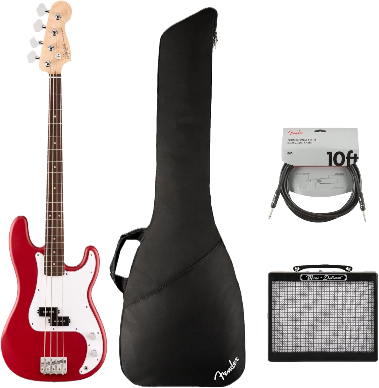 Fender Squier Debut Series Precision Bass Guitar, Beginner Electric Bass, Dakota Red with Matte Finish, Includes Gig Bag, Mini Amp, and 10ft Cable