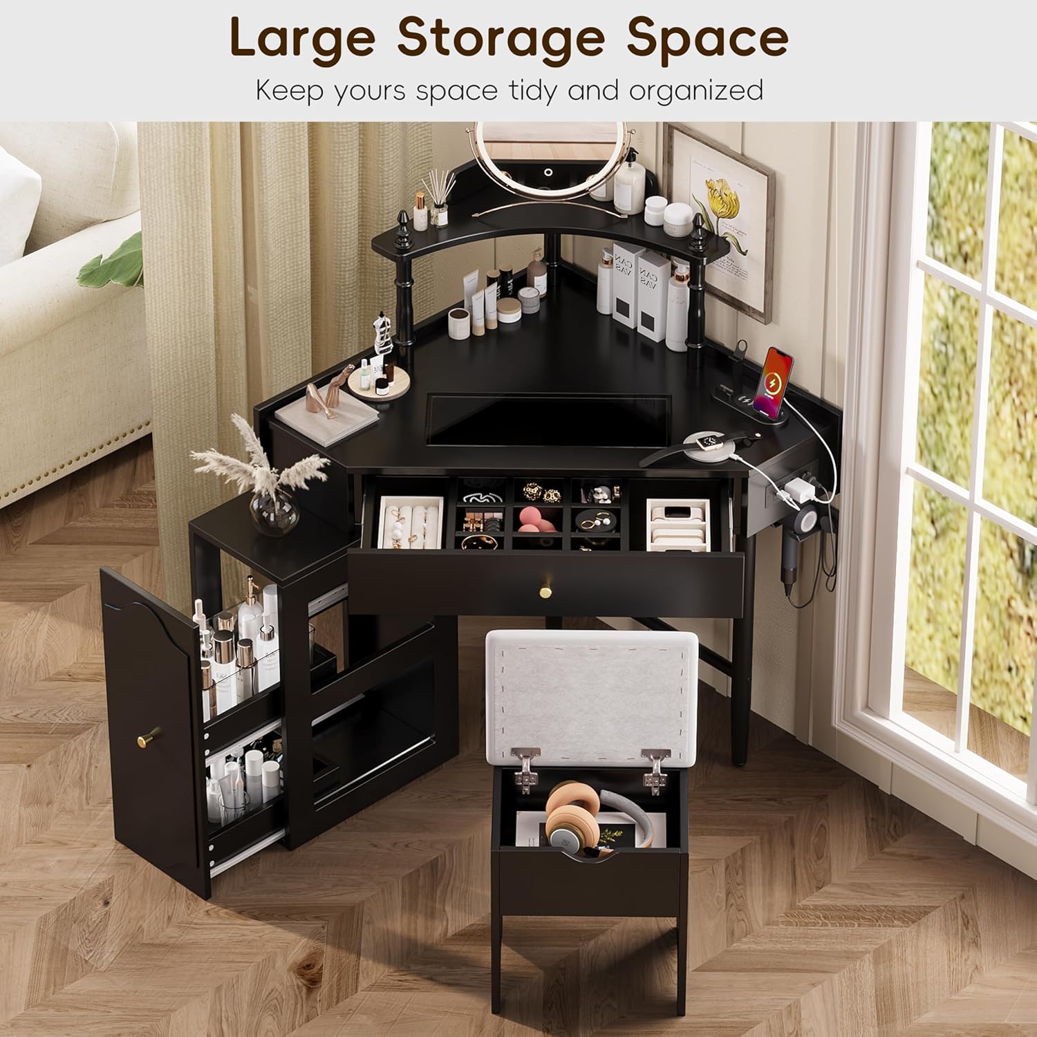 Corner Vanity Desk with Drawers, Corner Makeup Vanity with Storage Cushioned Stool & Charging Station, Wooden Makup Desk with Removable Pull-Out Side Cabinet & Storage Shelf, Black