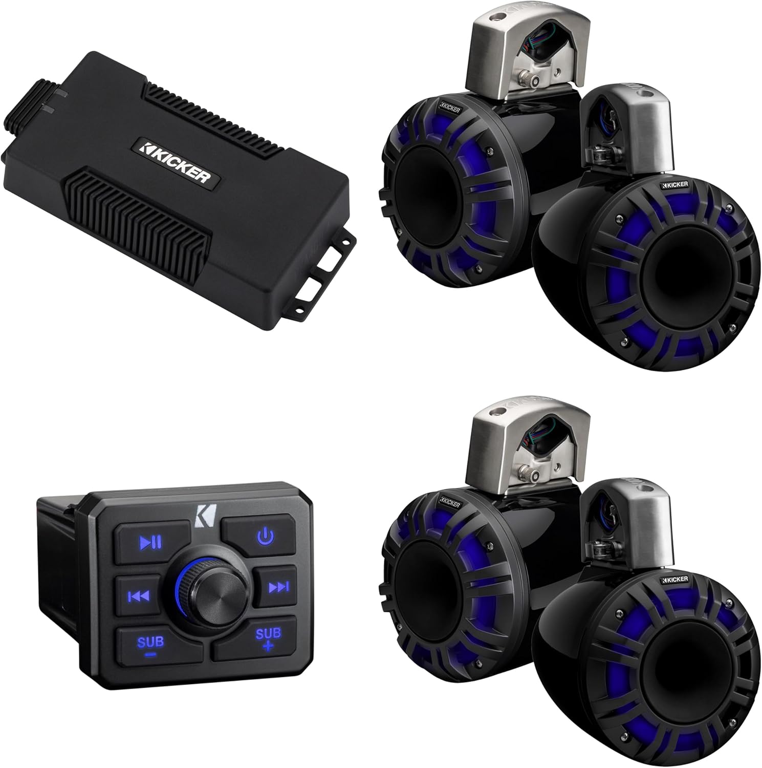 Kicker Power Sports Bundle, Bluetooth Source, 4 Channel Amp, (2 Pair) 6.5