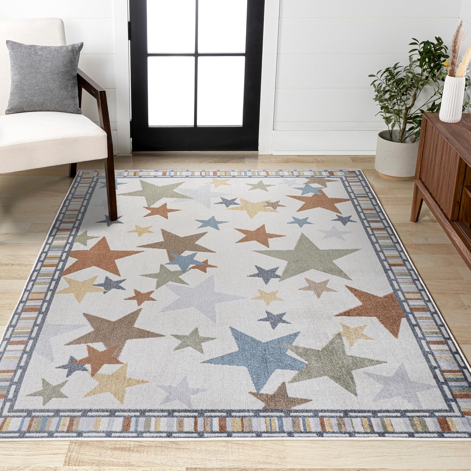 JONATHAN Y Machine-Washable Ivory/Blue/Orange Indoor Area Rug, 4x6, Star Gazer Geometric, Border, Kids & Novelty, Classic, Bedroom, Kitchen, Living Room, Easy-Cleaning, Non-Shedding (KDW100A-4)