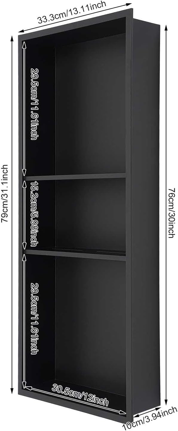 Shower Niche, 3-Tier Stainless Steel Shower Niche Shelves - No Tile Needed, Recessed Wall Mount Organizer for Bathroom & Kitchen, Rustproof Storage Solution, Space-(Black)