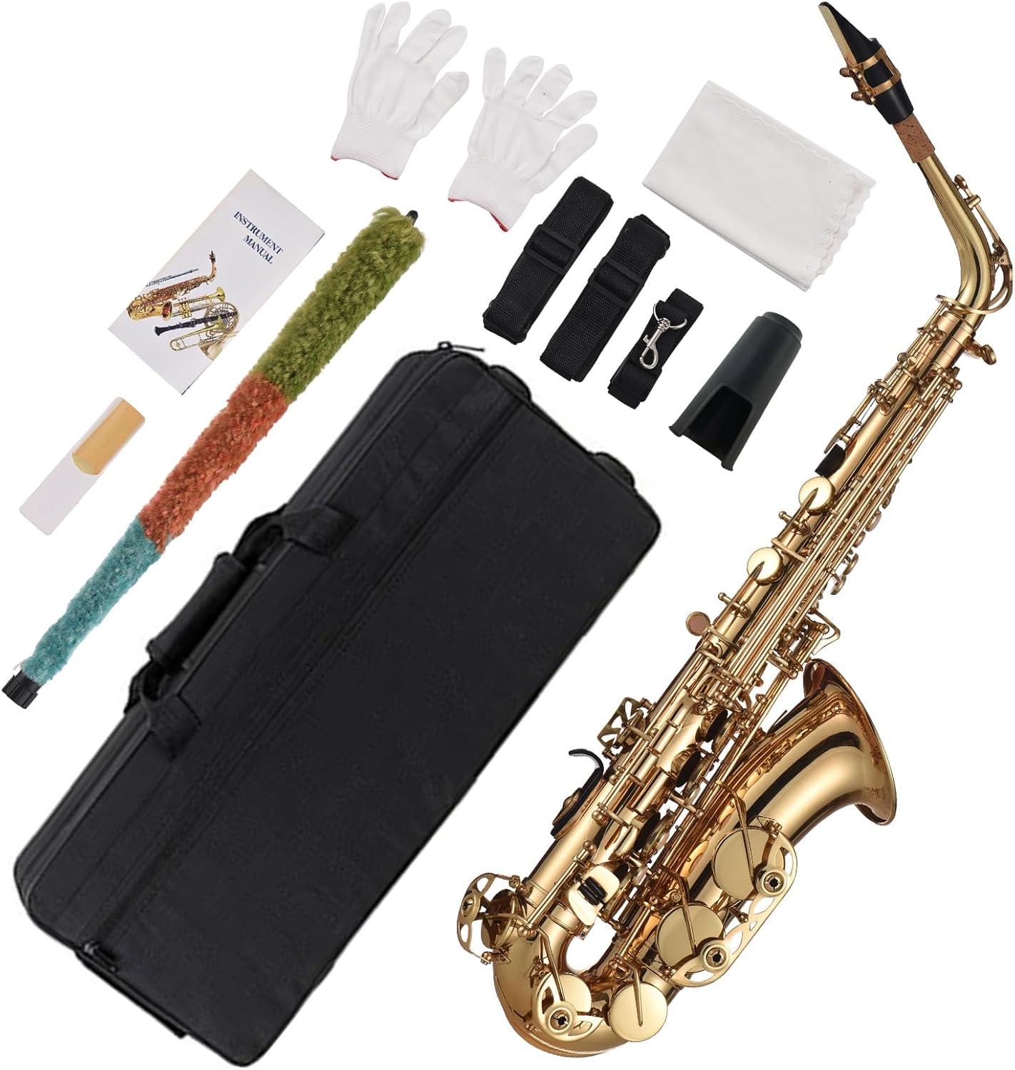 EB Alto Saxophone Brass Lacquered Gold E Flat Sax 875 Key Type Woodwind Instrument with Cleaning Brush Cloth Gloves Strap Padded Case