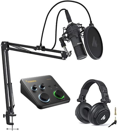MAONO USB Audio Interface for PC & XLR Dynamic Microphone& Studio Headphone: Interface with XLR Input 24-bit/192kHz Routing Software Loopback for Recording Music, Guitar, Podcast, Streaming