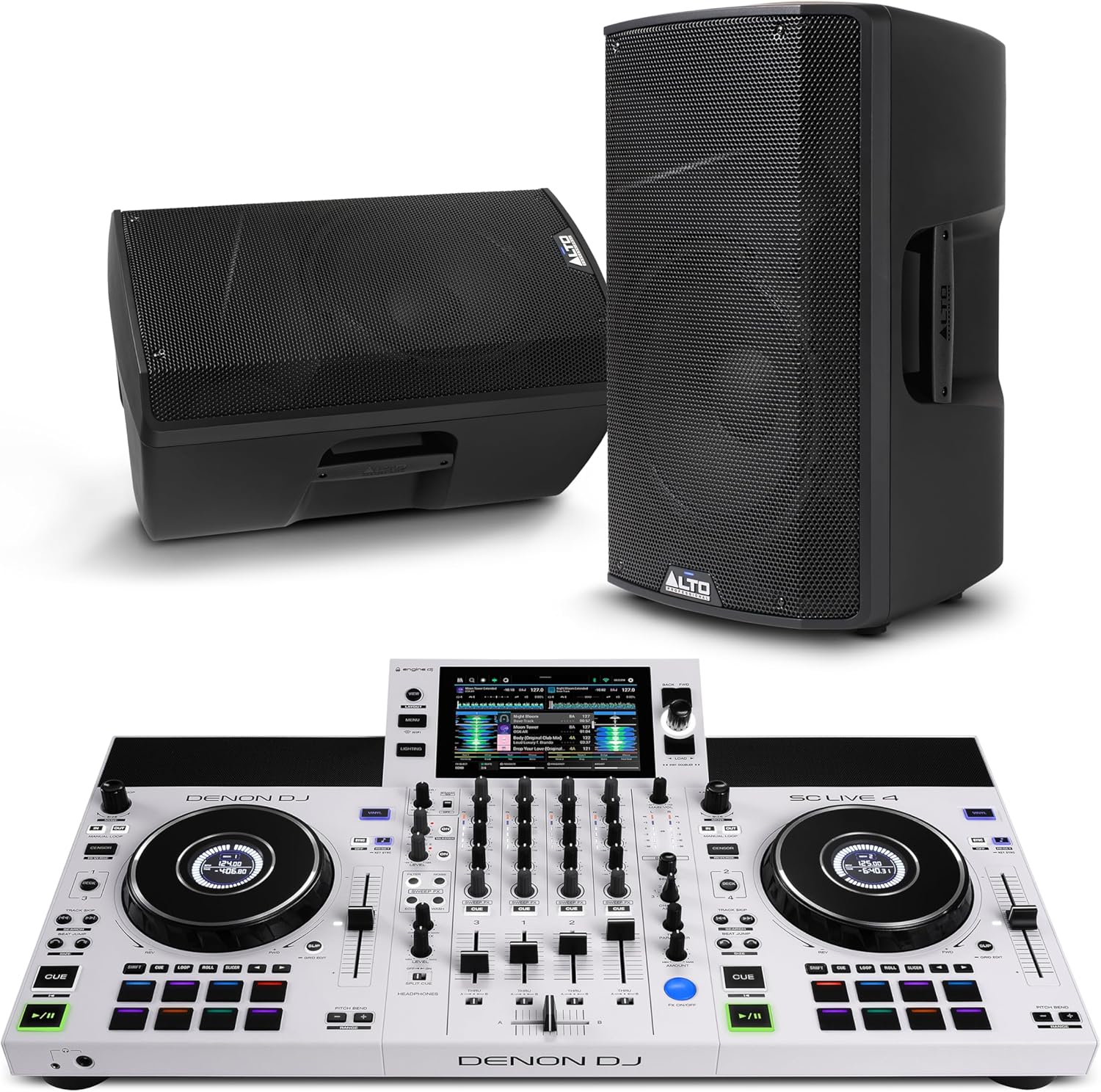 Denon DJ SC Live 4 WHITE DJ Controller and ALTO TX412B Powered PA Speakers Pair for Live Music, DJ sets, Events, Music production
