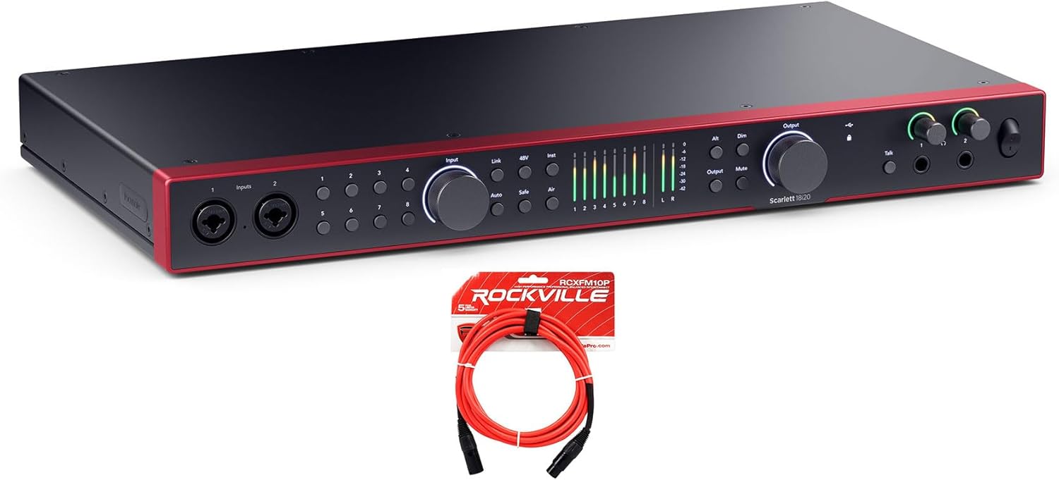 Audiosavings Bundle: Focusrite SCARLETT 18I20 4G 4th Gen 192 kHz Audio Interface Bundle with Rockville RCXFM10P-R Red 10' Female to Male REAN XLR Mic/Speaker Cable (2 Items)