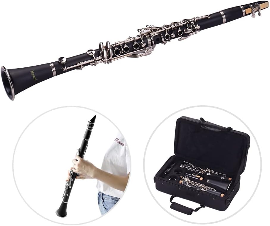 Bb Flat Clarinet - 17 Key Beginner Student Woodwind Instrument with 2 Barrels and Carry Case, Includes Cleaning Kit