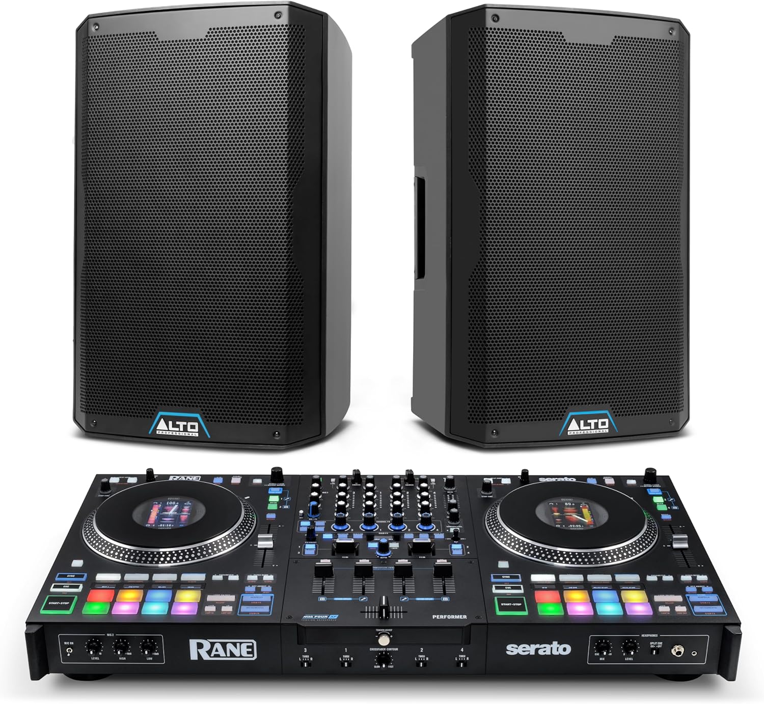 Rane PERFORMER DJ Controller and ALTO TS415 Powered PA Speakers Pair for Live Music, DJ sets, Events, Music production