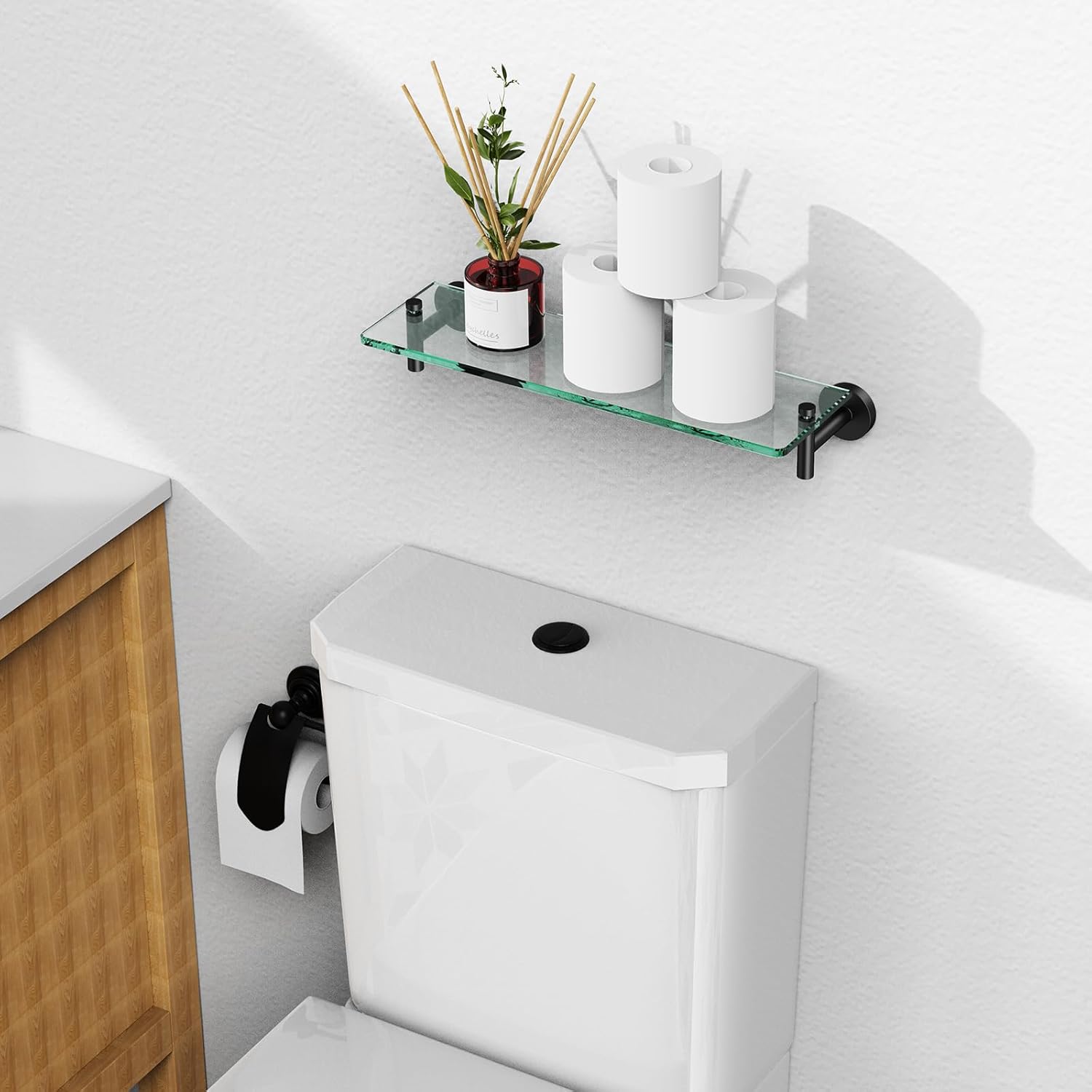 Bathroom Shelf Glass Shelf 2 Pack,16-Inches Floating Glass Shelves Towel Bar/Track(Matte Black)