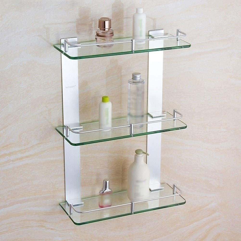WOLWES Bathroom Shelf Bath Glass Shelves with Rail Space Aluminium Strong Safety Wall-Mount Square Bathroom Accessories Drilling Shower Basket 3 Tiers (Size : 500mm)