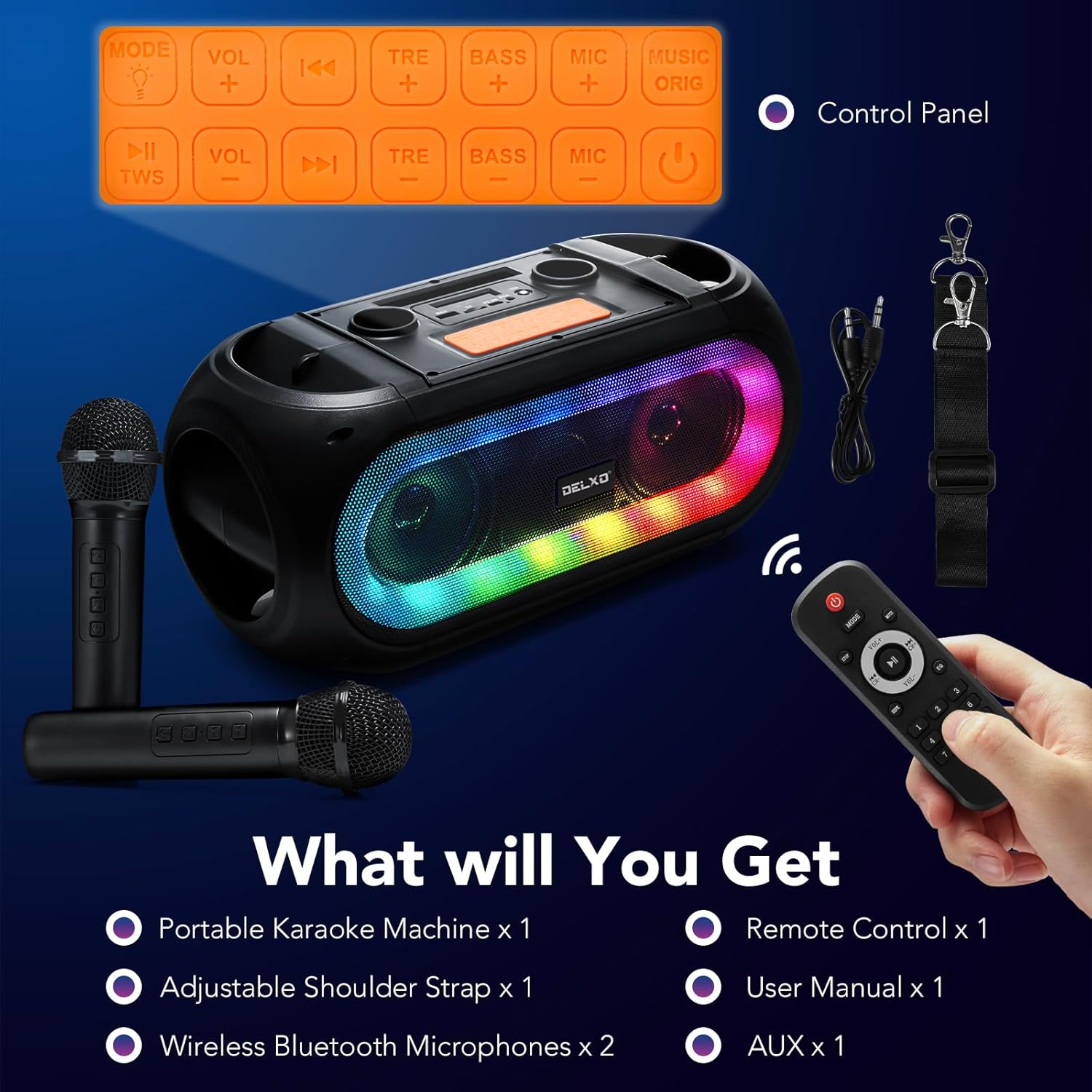 Delxo Karaoke Machine with 2 Wireless Microphones for Adult, Powerful Portable Bluetooth Speaker Loud for Party, PA System Remote Singing Machine with LED Lights, Support BT TWS USB TF, Gift