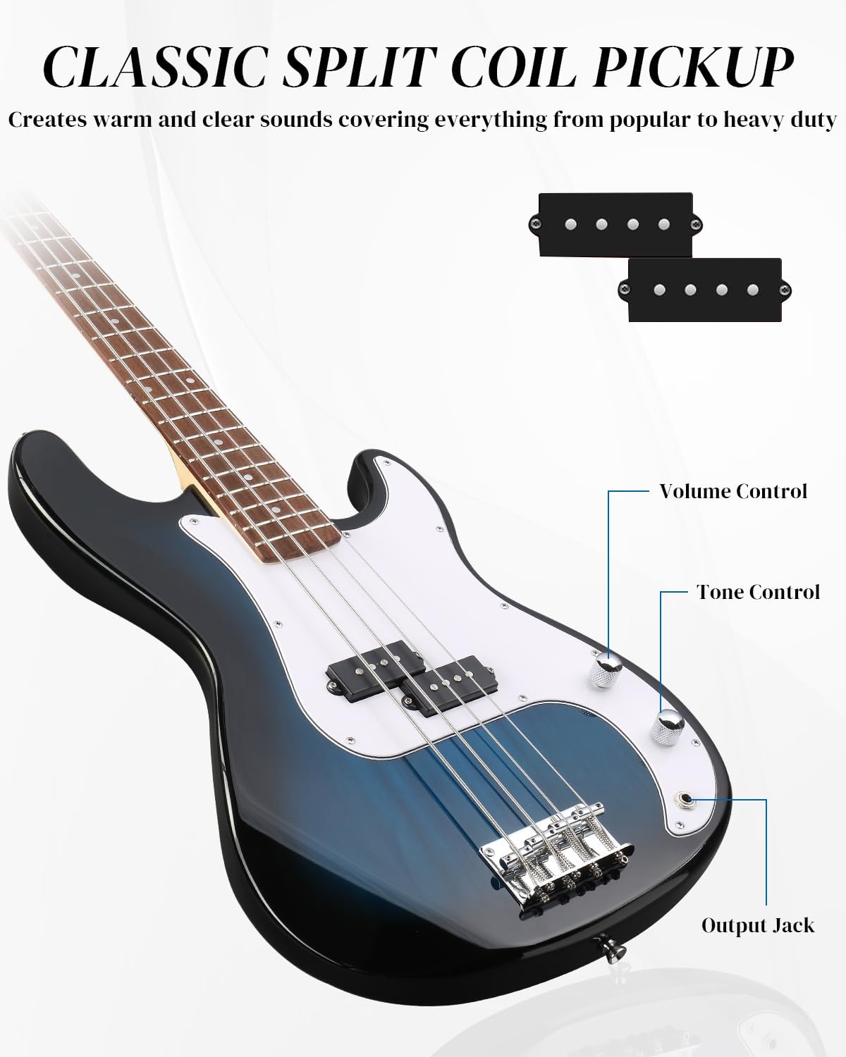 Ktaxon Electric Guitar 4 String Bass Guitar Kit with Paulownia Body, Solid Rosewood Fingerboard & Split Single-coil Pickups Includes 20W Amp, Cable, Strap, Pick and Wrench(Blue)
