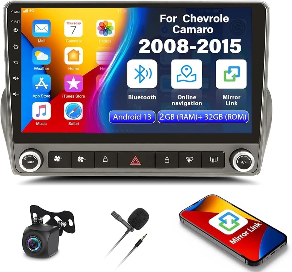 Android Car Stereo Radio for Chevrolet Camaro 2010 2011 2012 2013 2014 2015 for CarPlay Wireless Android Auto 9in GPS WiFi Bluetooth FM/RDS SWC Split Screen AHD Backup Camera/Microphone 2+32G