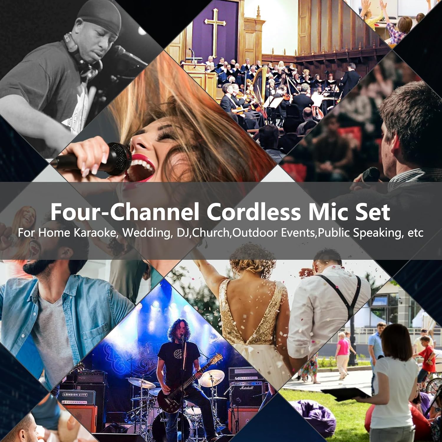 4 Channel UHF Wireless Microphone System with Cordless Handheld Mics, 4x50 Adjustable Frequencies, Ideal for Karaoke Meeting Church, 300ft Range (4 Handheld)