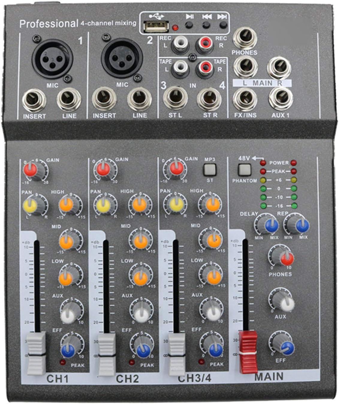 Studio Mixing Desks, Karaoke Mixer Professional 4 Channel Studio Audio DJ Mixing Console Amplifier Digital Mini Microphone Sound Mixer Sound Card