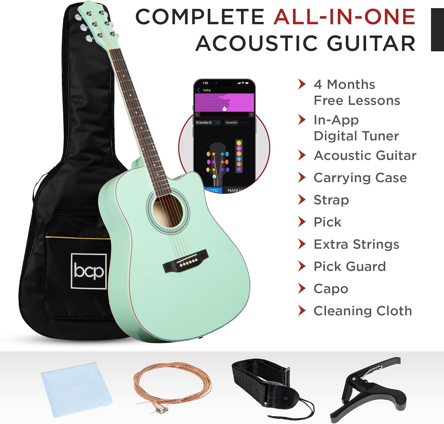 Best Choice Products 41in Beginner Acoustic Guitar Full Size All Wood Cutaway Guitar Starter Set w/Case, Strap, Capo, Strings, Picks - SoCal Green