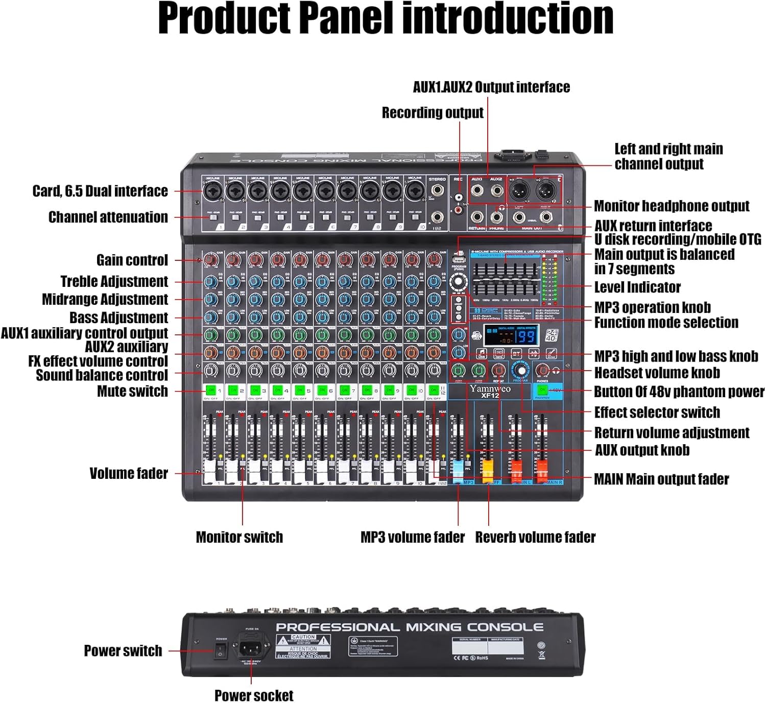 XF8 Professional Audio Mixer Sound Board Console Desktop System Interface 8 Channel Digital USB Bluetooth MP3 Computer Input 48V Phantom Power Supply Built-in 99 Reverb Effect (XF8)