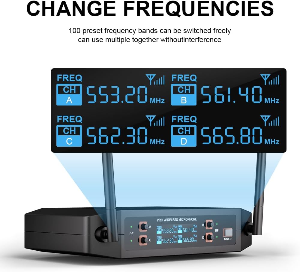 ST-102 4-Channel Wireless Microphone System, UHF Wireless Microphone kit with 4 Bodypacks and 4 Headsets Mics, auto-scan, 200-foot Coverage, for Singing, Karaoke, DJs, Churches