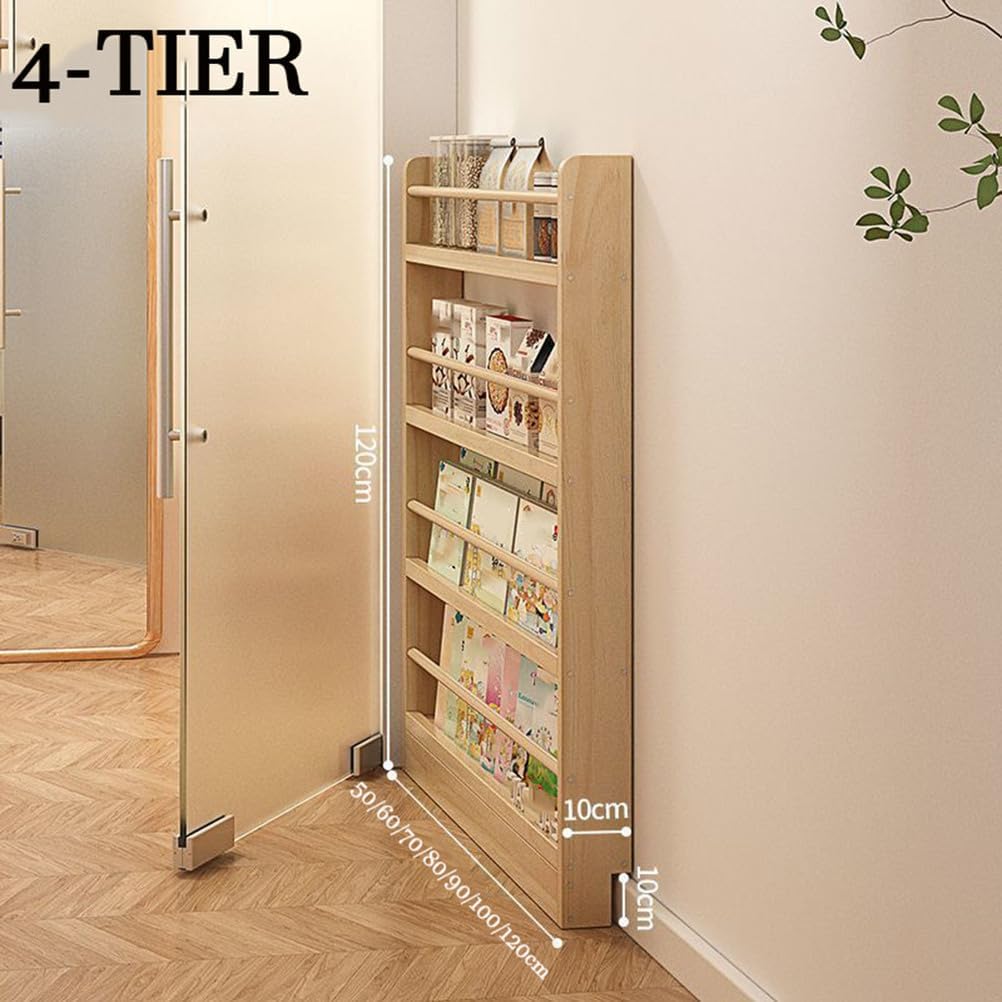 Behind The Door Storage Organizer Behind The Door Bookshelf Solid Wood Bookcases with Open Display Shelves for Toys and Books Space-Saving Wall Mount Narrow Book Shelf,Yellow,100*10*120cm