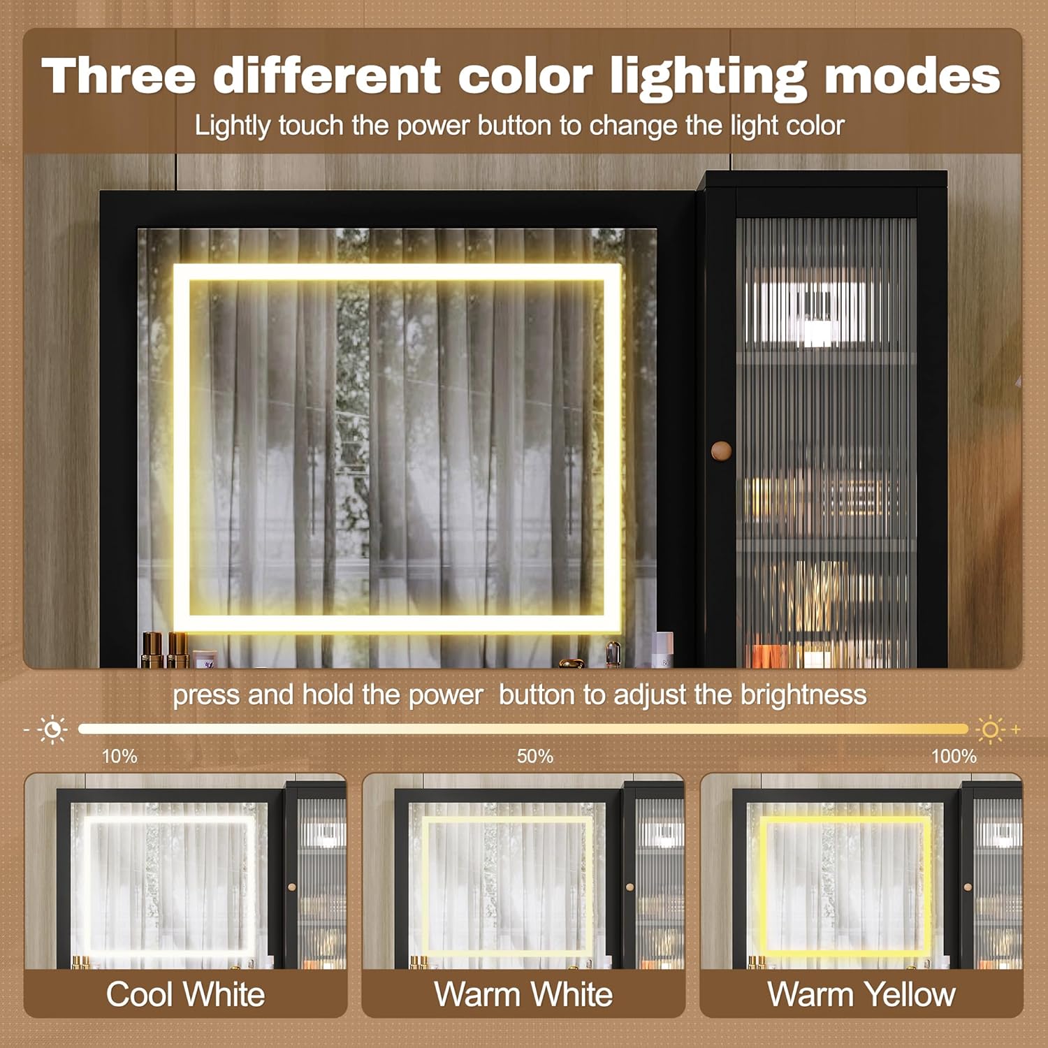 Merax Elegant Vanity Desk with Mirror and Lights, Fluted Makeup Vanity Table & Charging Station, Storage Drawers and Glass Door Cabinet, Black Dressing Table with Stool for Bedroom