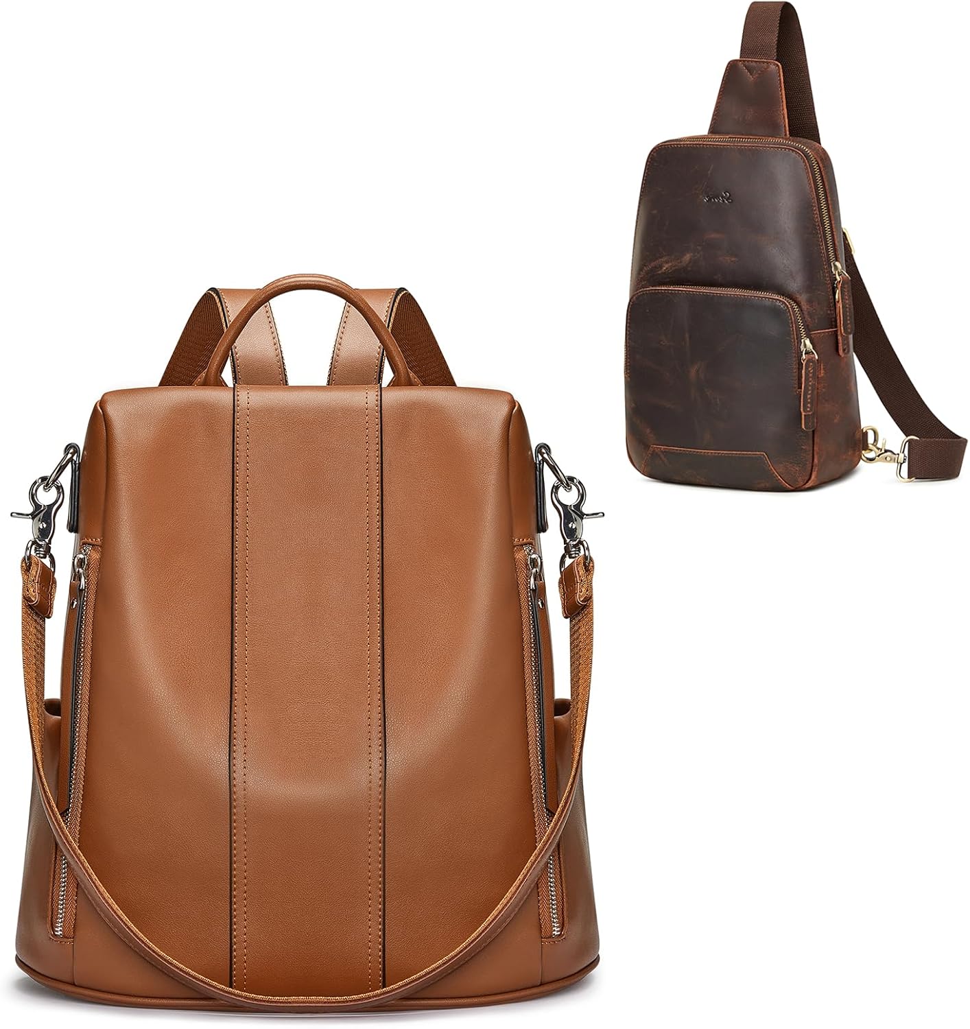 S-ZONE Genuine Leather Backpack Purse with Sling Bag for Men Women Crossbody Shoulder Bag Backpack Purse Hiking Daypack Travel