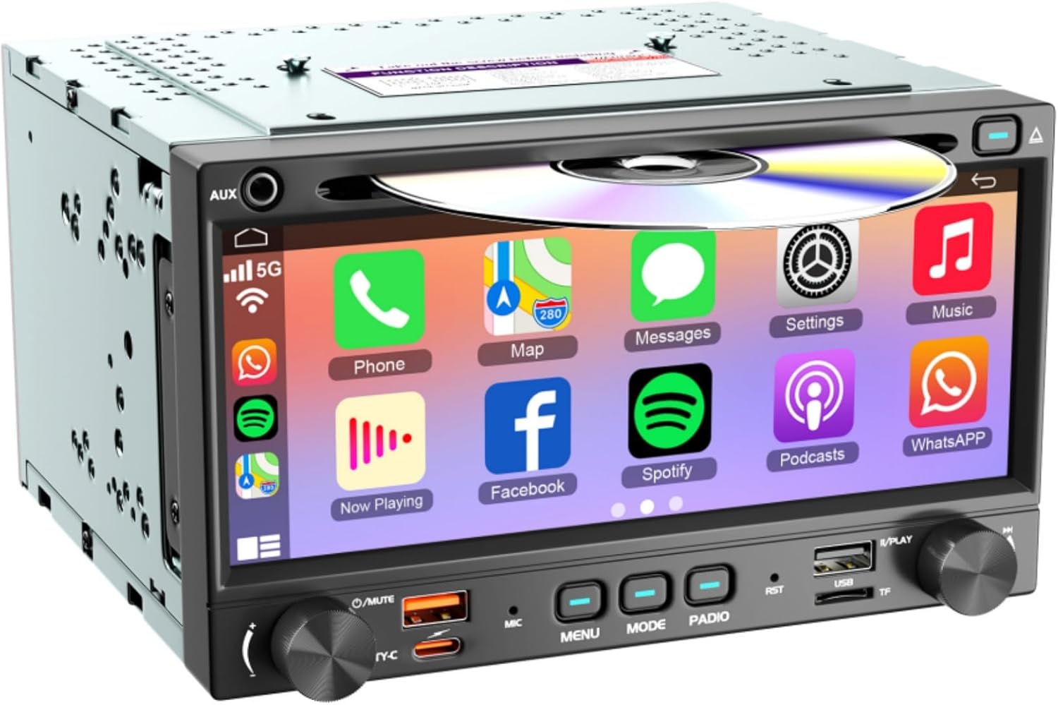 7'' QLED Double Din CD/DVD Car Stereo with CarPlay & Android Auto, Bluetooth 5.3 Car Audio Receivers, 240W 4.2 CHN 2 Subwoofers Outputs, Backup Camera, SWC, FM/AM, USB Playback & Charging