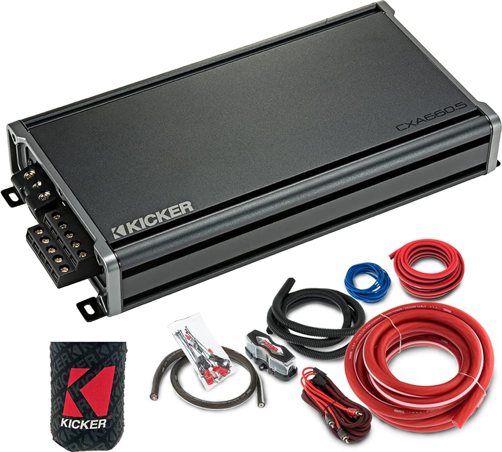 KICKER Amplifier and Amp Kit Package of 2 Items - CX Series 660W RMS Class AB/D 5-Channel Amplifier and Complete 4AWG Wiring Kit