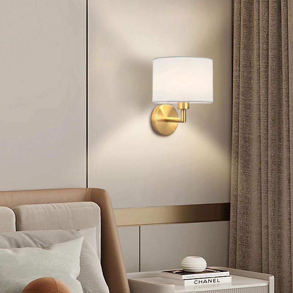 Drum Fabric Wall Sconces, Vintage Industrial Hardwired Boho Wall Sconce Bedside Light with Drum Shade, Rustic Indoor Wall Mount Light Fixtures for Dining Room Living Room Bedroom Hallway