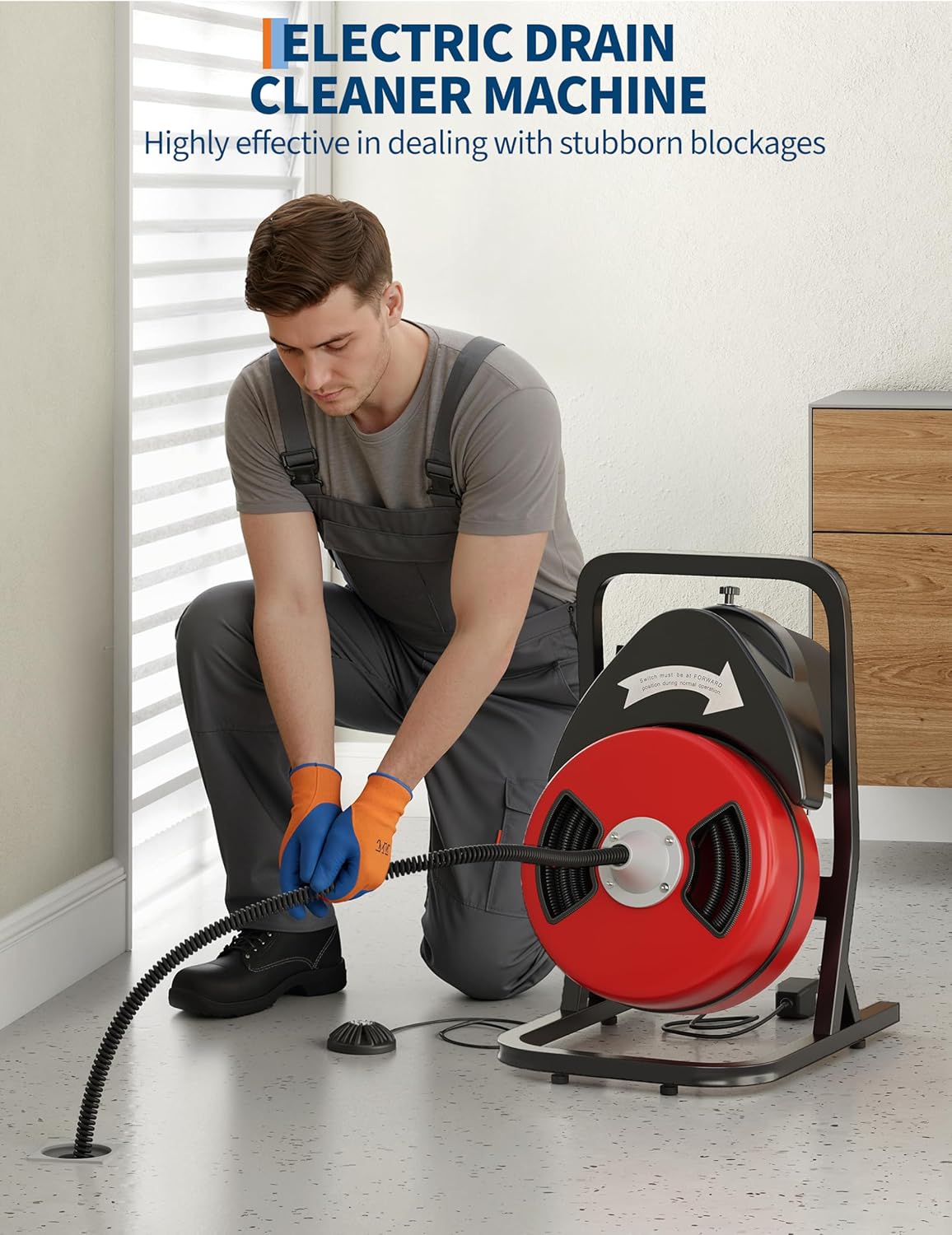 Drain Cleaner Machine 50FT x 1/2 Inch Steel Core Cable Portable 250W Electric Drain Cleaning Machine With Sewer Auger, Cutter, Air-activated Foot Switch, for Commercial, Home