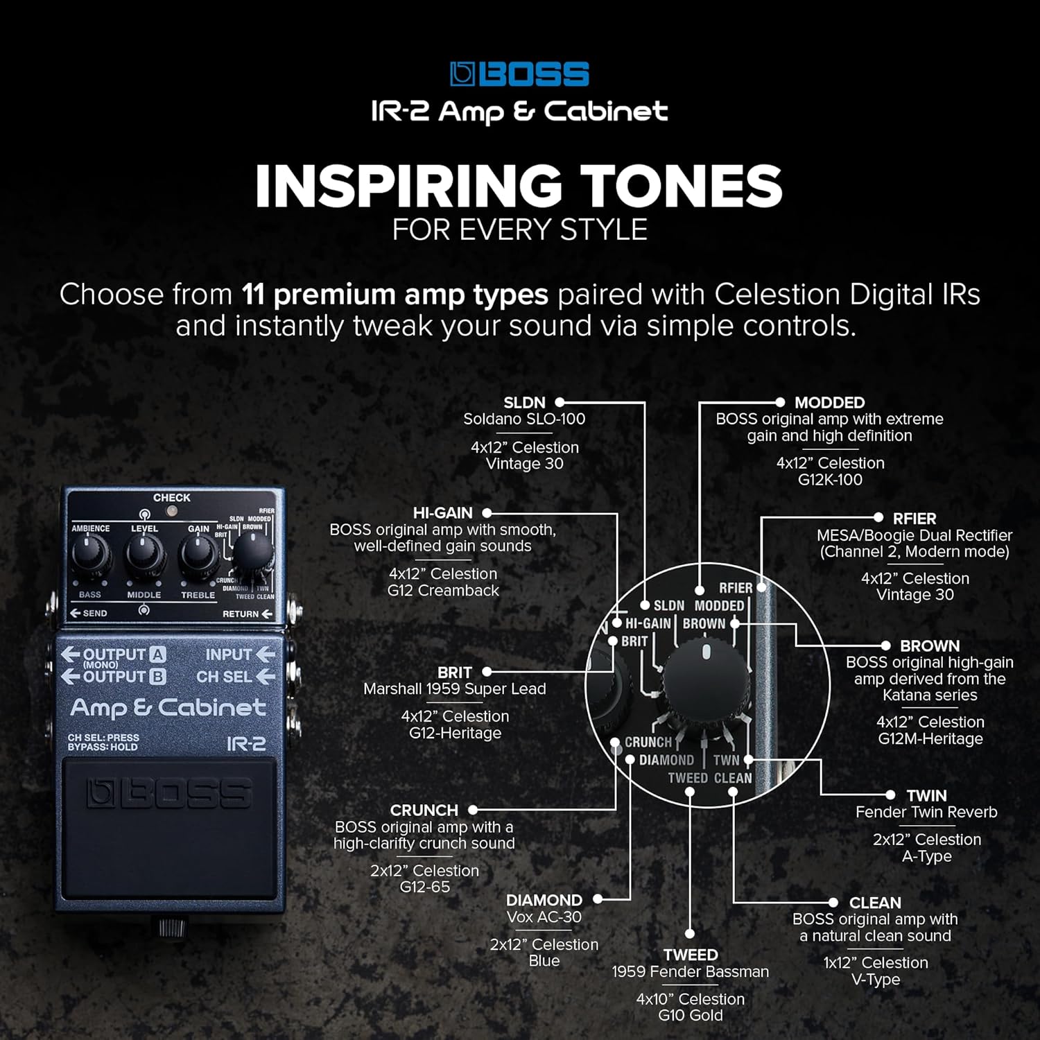 BOSS IR-2 Amp & Cabinet | Premium Amp Emulator & Cabinet IR Loader | 11 Different Amp Types | Cab IRs from Celestion Digital | Simple User Interface | USB-C for Recording & Audio Playback