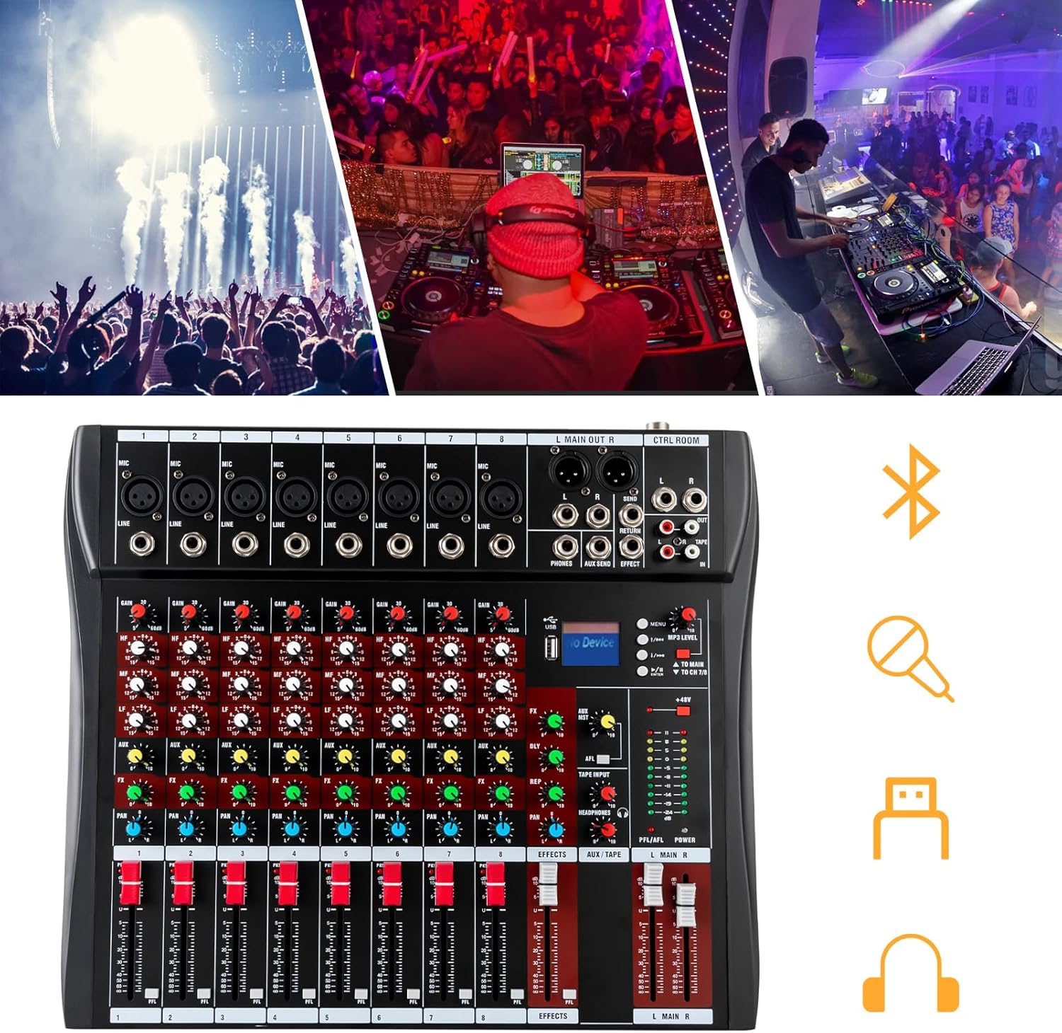 8-Channel Audio Mixer 110V Professional Live Studio DJ USB Bluetooth Stage Mixing Console 18W