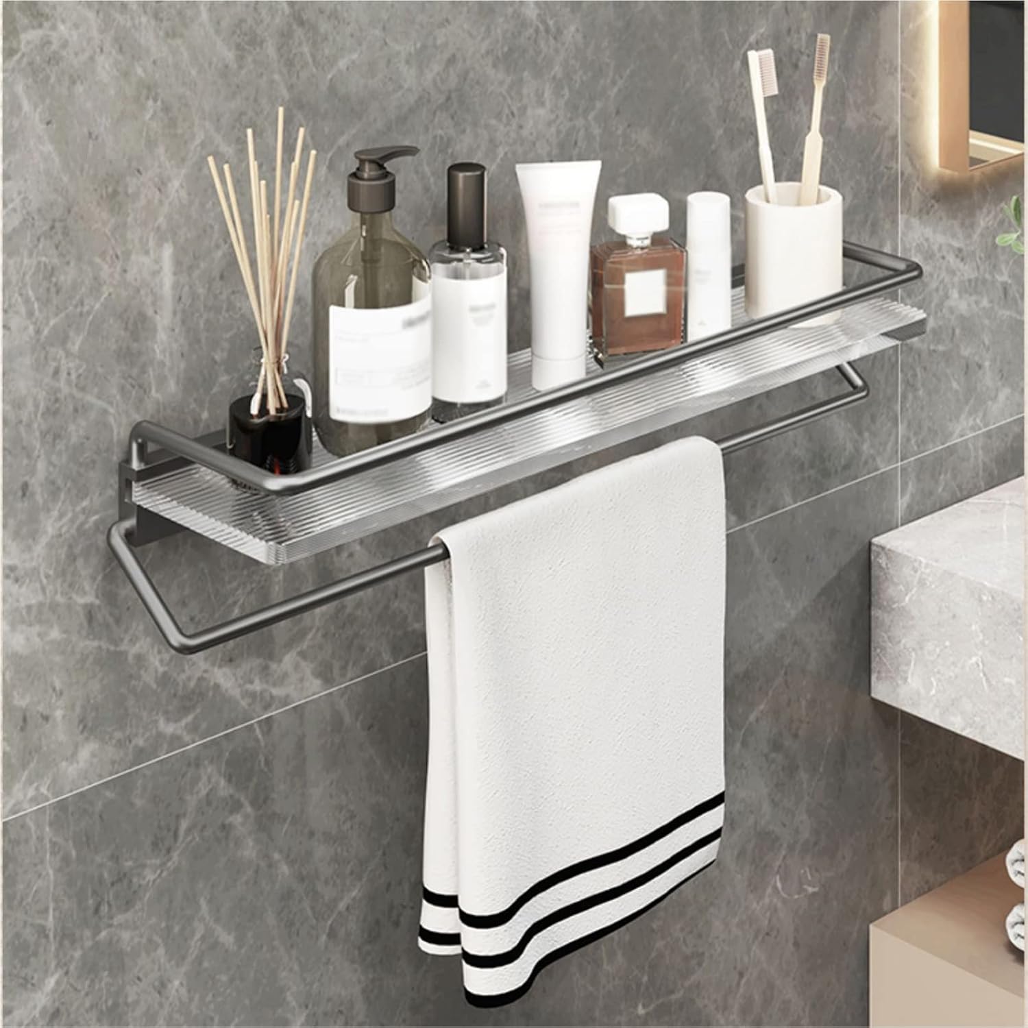 Bathroom Shelf Bathroom Glass Shelf with Hand Towel Bar Aluminum Tempered Glass Bathroom Wall Shelf 19.6in Wall Mount Towel Racks Rectangular Storage Organizer, Grey Bathroom Wall Shelves