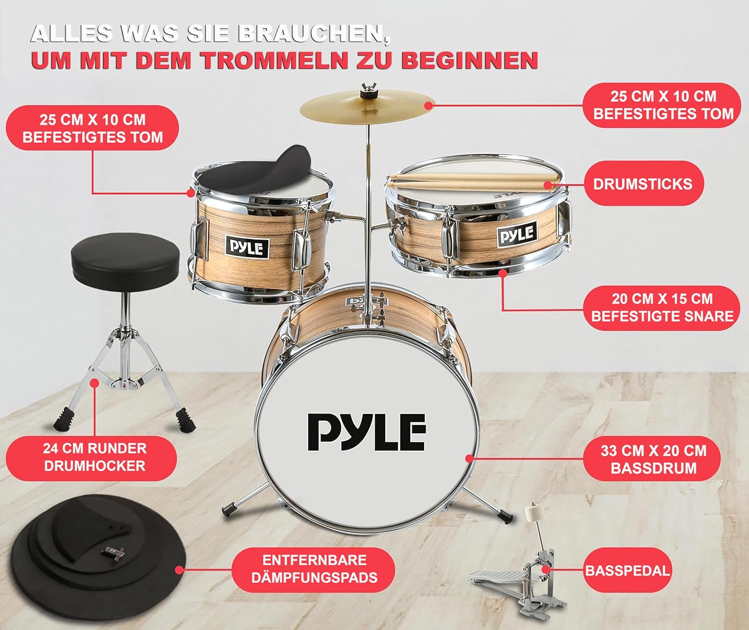 Pyle Kids Drum Set, 3 Piece Beginner Junior Drummer Kit with 13