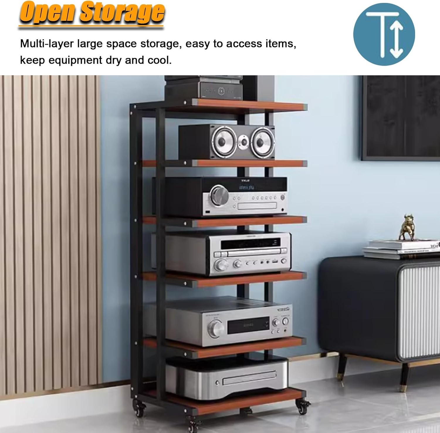 Corner Stereo Stands for Living Room, 6-Tier Media Stand for Home Theater/Bedroom/Office, Mobile Wooden Stereo Cabinet Audio Rack, for Amplifiers/Players/TV Accessories,6 Layer/No Drawers #C