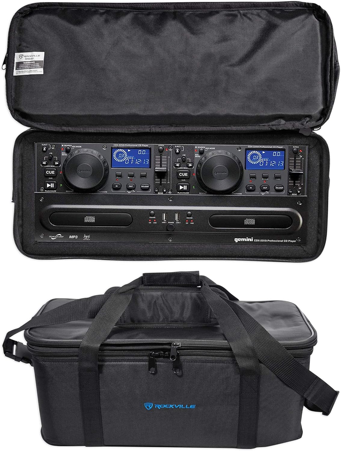 Gemini CDX-2250i Pro DJ Dual Two Deck Rack Mount CD/MP3 Media Player w/ USB Bundle with Rockville RRB40 4U Rack Bag Double-Sided Case with 12