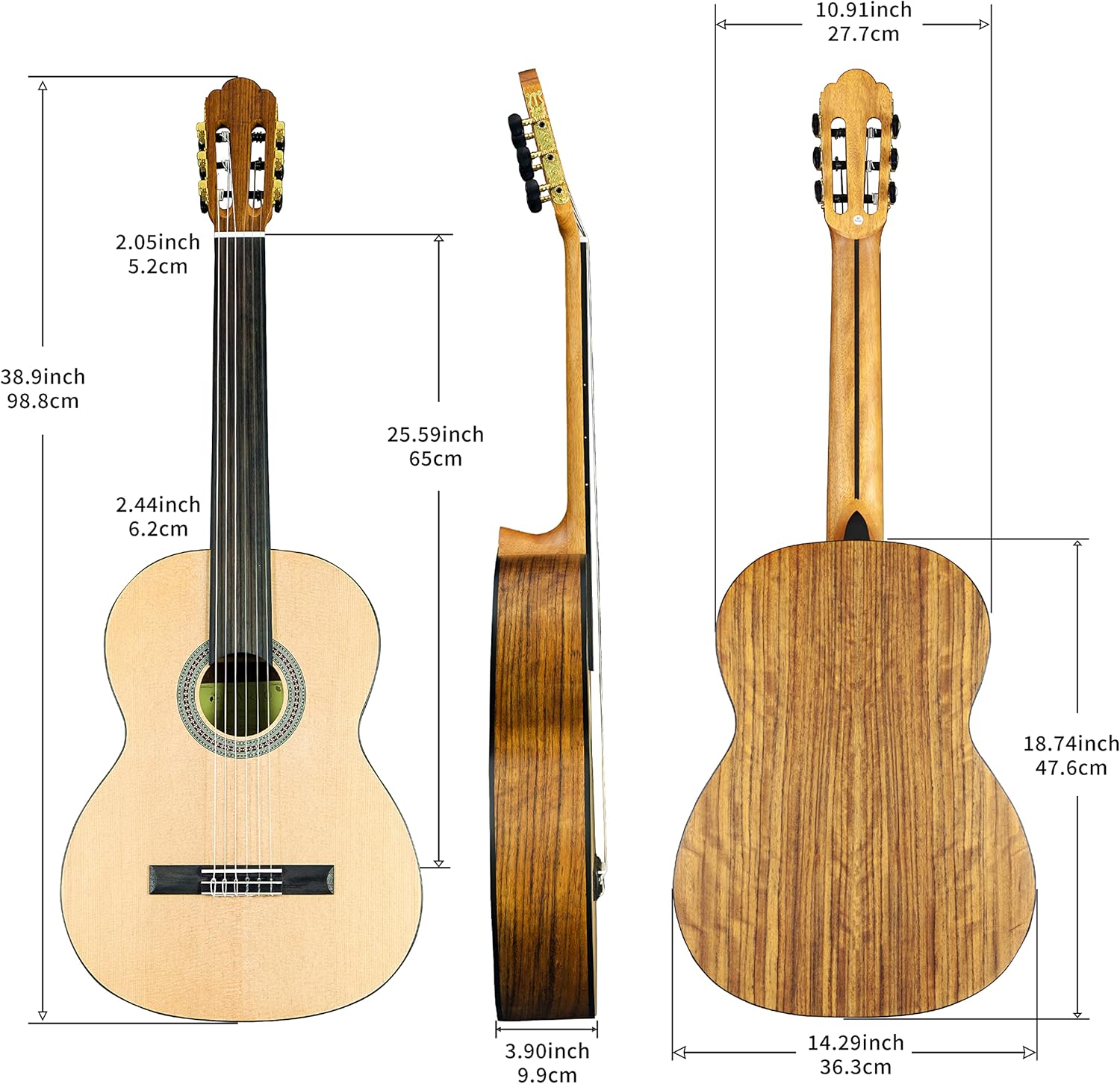 TARIO 39 Inch Fretless Classical Guitar Full Size Acoustic Guitar Spruce top Ovangkol back and sides Okoume neck laurel fingerboard