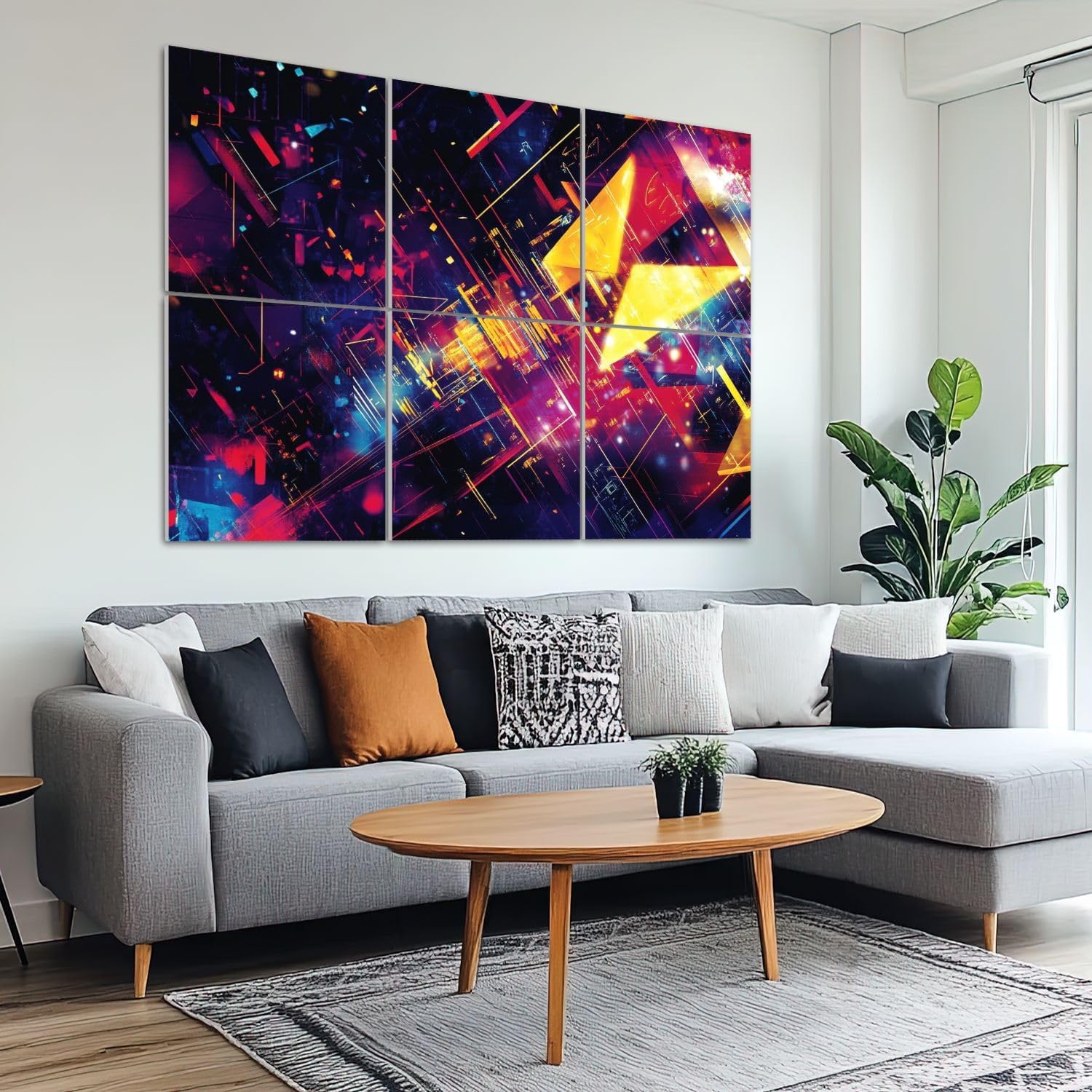 6 Pack Art Acoustic Panels Sound Absorbing Math Tv Triangles Bright Yellow Electric Blue Dynamic Lines Neon Art Decorative Soundproof Wall Panels Self Adhesive for Recording Studios Office 72