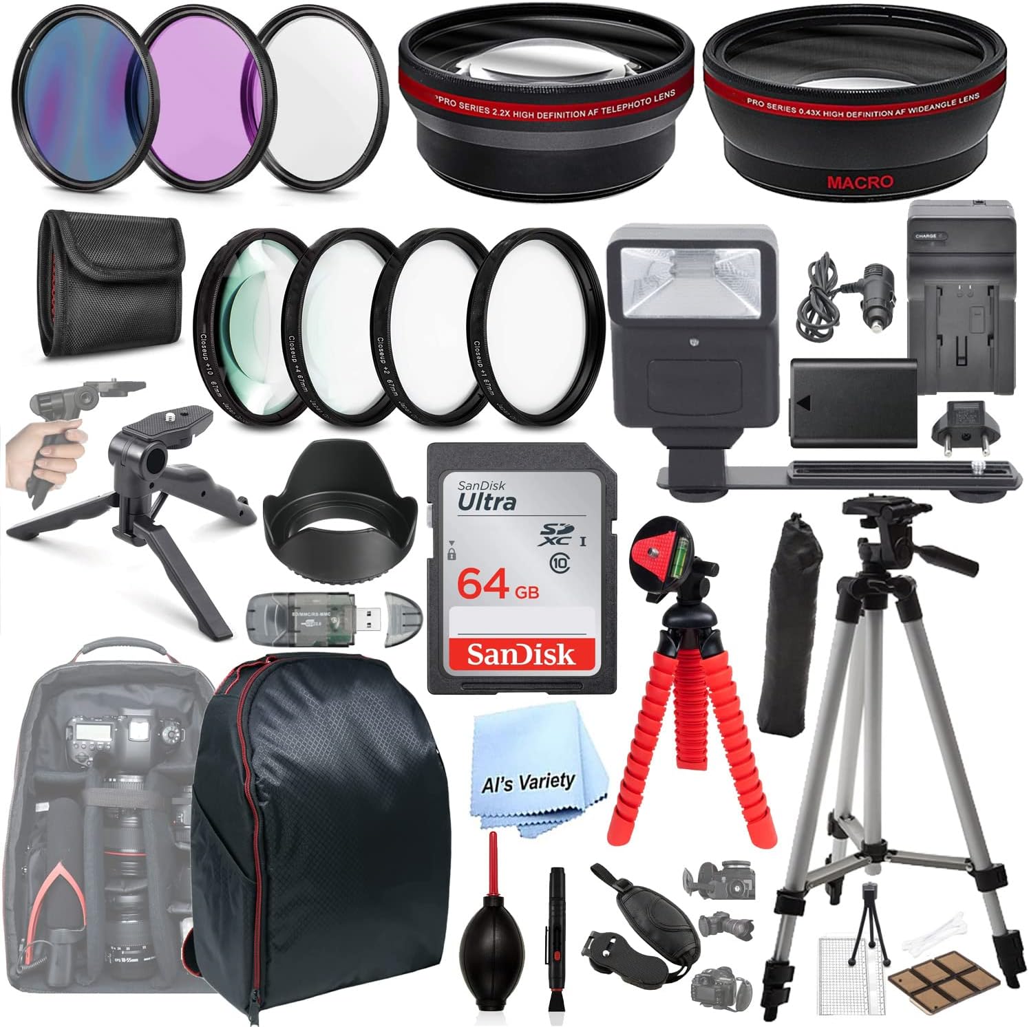 40.5mm Accessory Bundle with HD Filters, Close Ups, 64GB Memory, Backpack, Flash, Auxiliary Lenses, Battery for Sony Alpha A3000, A5000, A5100, A6000, A6100, A6300, A6400, A6500