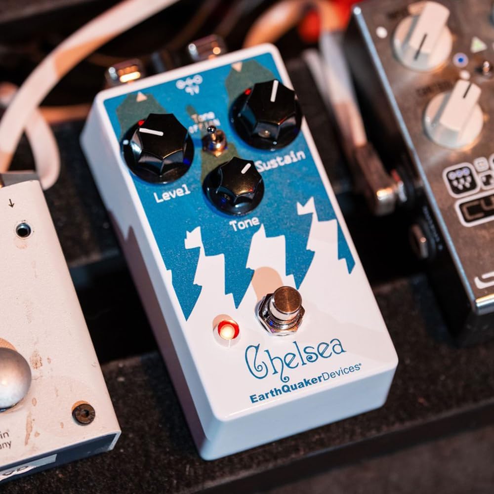 EarthQuaker Devices Chelsea Low End Fuzz Driver Pedal Bundle with 2x Right Angle Patch Cables, 9V Power Adapter, 12x Guitar Picks & Polishing Cloth – Bass-Optimized Distortion with Massive Low End