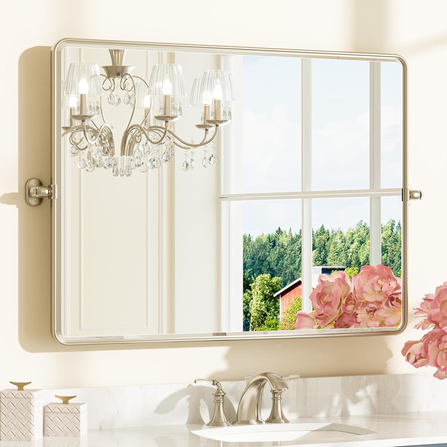 Keonjinn 40 x 30 Inch Large Pivot Mirror, Brushed Nickel Pivot Mirror Bathroom, Beveled Tilt Mirrors Bathroom for Over Sink, Rounded Corner Farmhouse Tilting Mirrors Wall Mount (Horizontal/Vertical)