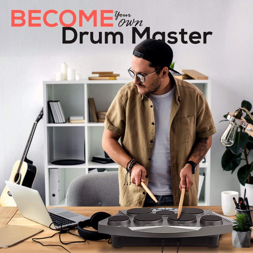 Pyle Pro Electronic Drum kit - Portable Electric Tabletop Drum Set Machine with Digital Panel, 7 Drum Pad, Hi-Hat / Kick Bass Pedal Controller USB AUX -Tom Toms, Hi-Hat, Snare Drums, Cymbals - PTED06