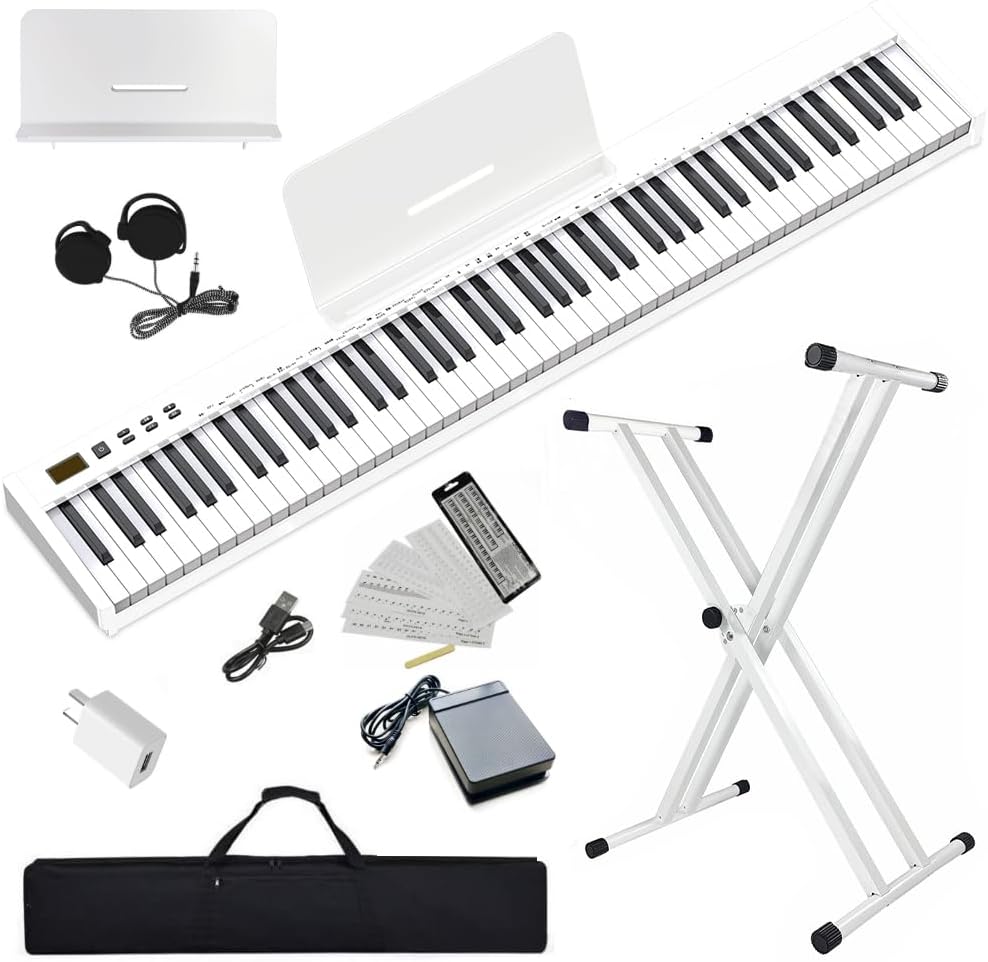 NikoMaku Semi-weighted 88 Keys Piano Keyboard Compact Portable Digital Piano Set for Beginners with Stand, Carrying Case, Sustain Pedal, Headphones, SWAN-S White