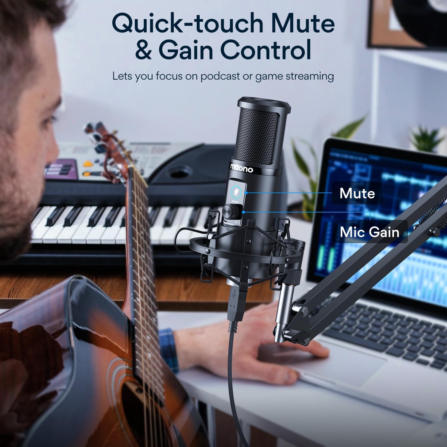 MAONO USB Microphone Kit 192KHZ/24BIT Professional Condenser Computer PC Mic Podcast Streaming Cardioid Mic Plug & Play for Computer, Podcast, Recording, Gaming, Streaming, Zoom Meeting, Instruments,