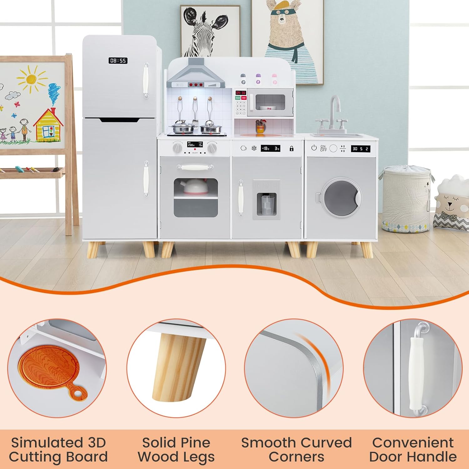 Costzon 3-Piece Play Kitchen for Kids, Wooden Toy Kitchen Set with Refrigerator, Washing Machine, Range Hood, Ice Maker, Kids Kitchen Playset with Sounds & Lights, Gift for Toddlers Ages 3+