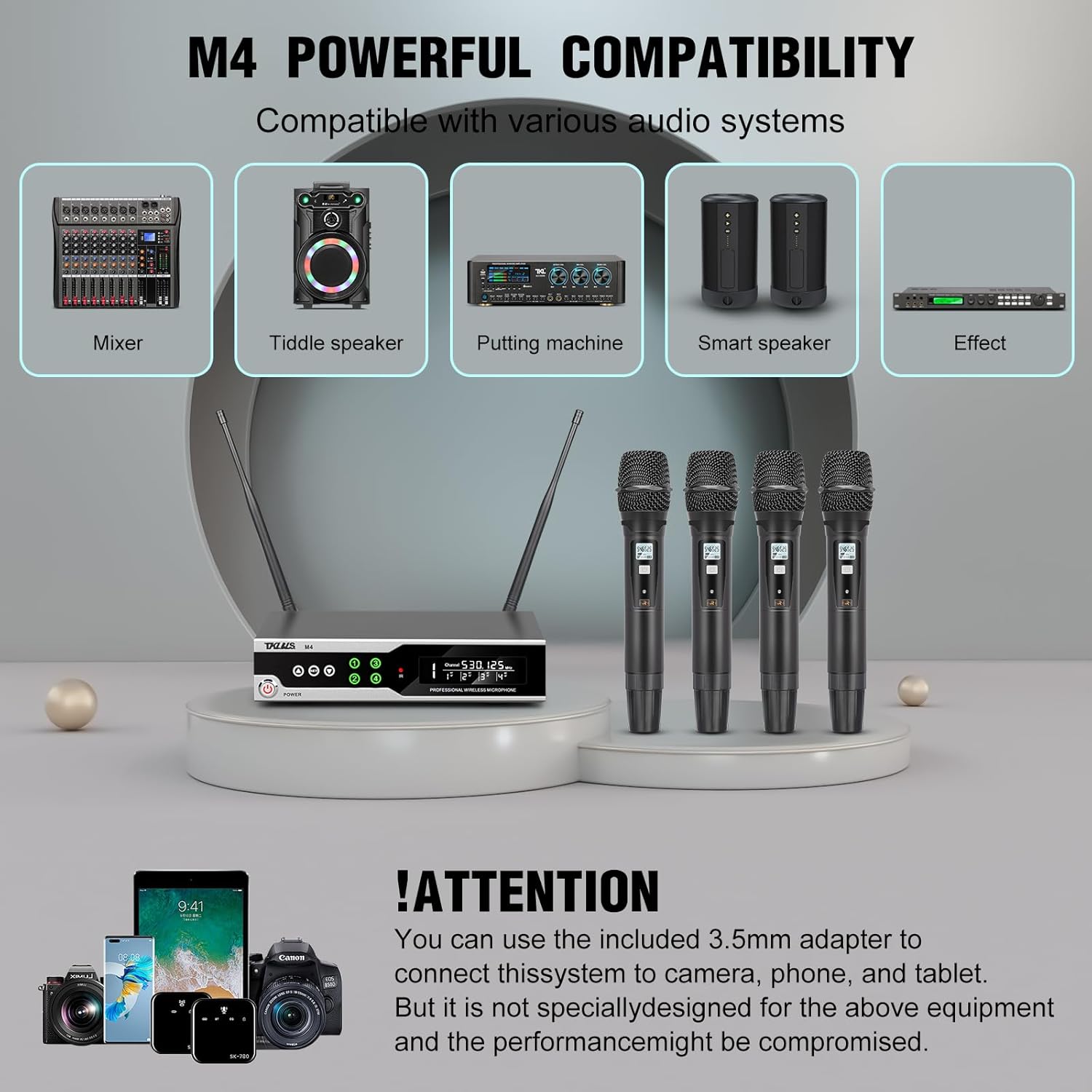 Wireless Microphone System, 4 Channel UHF System with Handheld Microphone, Dual Cordless Karaoke Microfono Set, 300FT Wireless Range, Suitable for Performances, Conferences, Wedding
