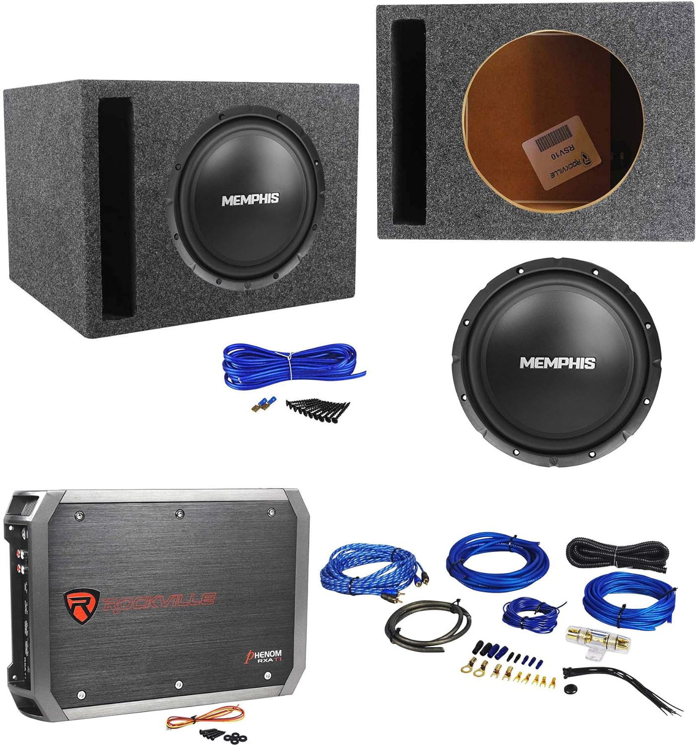 Memphis Audio SRX1040 Car Subwoofer Bundle with Rockville RXA-T1 Car Stereo Amp, RWK81 8 Gauge Amp Installation Kit, RSV10 Subwoofer Enclosure Box and Sub Box Enclosure Installation Kit